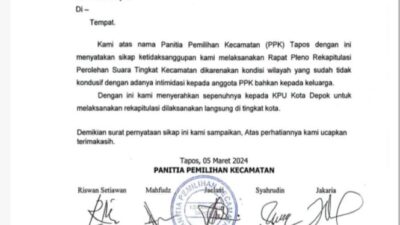 Intimidasi Dirasakan oleh PPK Tapos Depok, Seorang Anggota Tak Mampu Bertahan dan Memilih Mundur